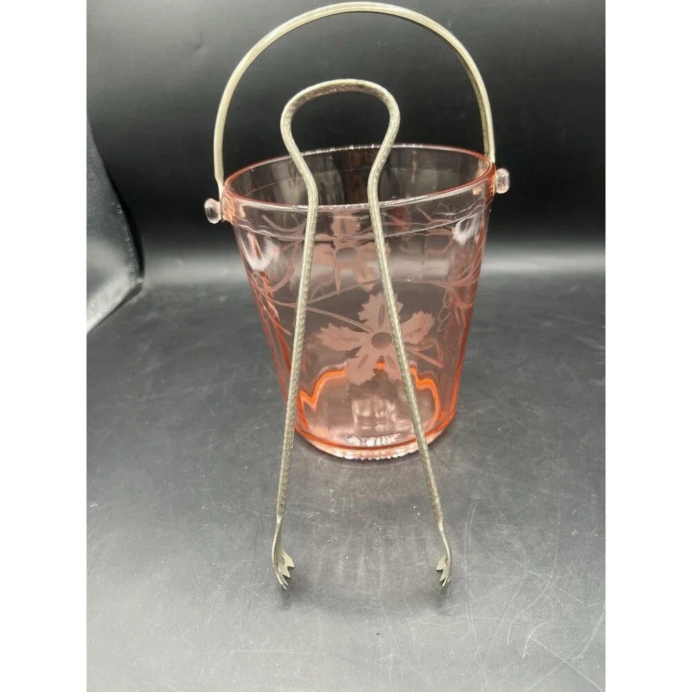 Vintage Cambridge Pink Depression Glass Ice Bucket Etched Floral Grapes Tongs